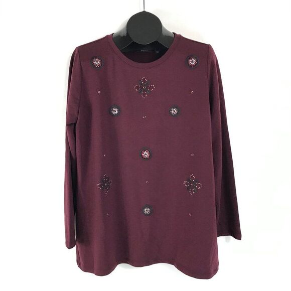 Susan Graver Weekend French Terry Embellished Top Women's Large Burgundy Holiday - Picture 1 of 12